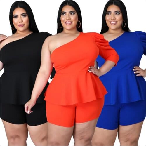 2021 Summer Women Plus Size Slash Neck Two Piece Sets Hottest Puffy Sleeve Ruffles Tops High Waist Skinny Shorts Casual Outfits