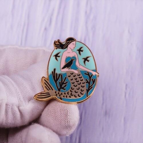 Chough and Mermaid Enamel Pin Gold & Blue Brooch Badge Perfect Fashion Jewellery Gift for Sea Lover