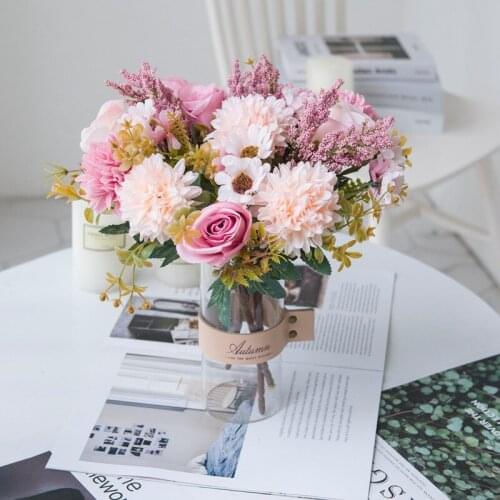 1 Bouquet Artificial Flowers Peony Tea Rose Daisy Ball Chrysanthemum Silk Fake Flowers for DIY Room Home Garden Wedding Decor