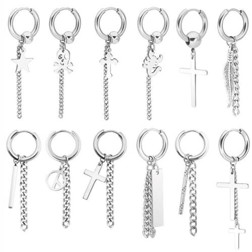 1 Pair Cross 316L Stainless Steel Hoop Earrings Star Skull Earring Korean Cute Punk Elegant Jewelry