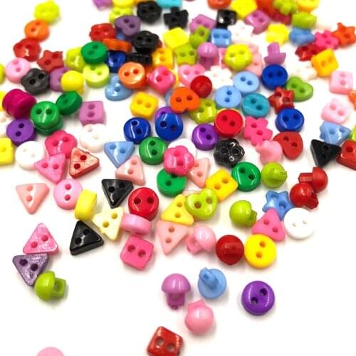 100PCS 6mm Plastic Heart Round Star Flower Square Mixed Mini Buttons Sewing 2 Holes Tiny Doll Clothes Button For Scrapbook PH209