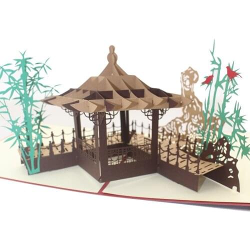 3D Laser Cut Handmade Carving Chinese Bamboo Pavilion Paper Invitation Greeting Cards PostCard Business Friend Gift Souvenir