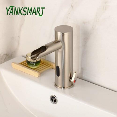 YANKSMART Brushed Nickel Automatic Sensor Bathroom Basin Sink Faucet Deck Mounted Waterfall Faucets Cold & Hot Water Mixer Tap
