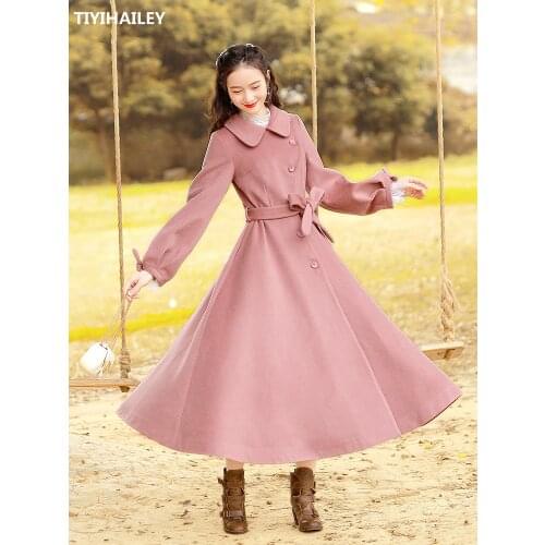Free Shipping Boshow Long Maxi Winter Vintage Trench Women Outerwear Belt Lantern Sleeve Big Hem Wool Single Breasted S-L Pink