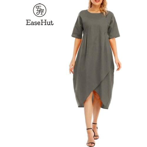 EaseHut Fashion Women Dress O Neck Short Sleeve High Waist Asymmetrical Hem Pockets Plus Size S-5XL Casual Loose Dress