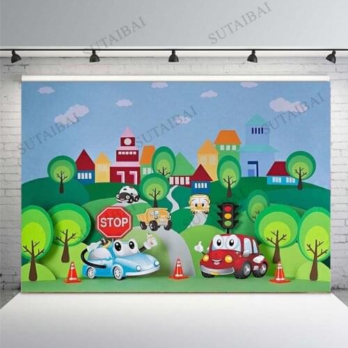 Cartoons Cars City Road Traffic Lights Photography Backdrops Children Birthday Cake Smash Photo Studio Background Photoshoot