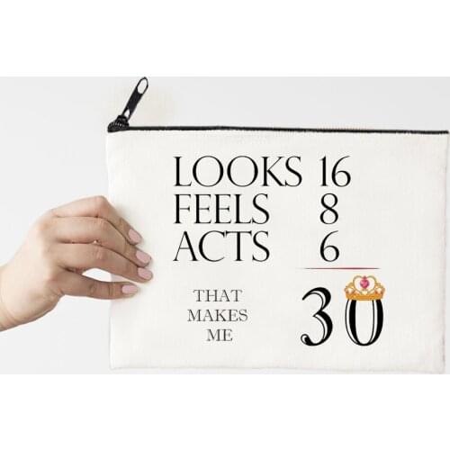 30 Years Old Makeup Bag Flowers Alphabet Printed Canvas Storage Bag Cosmetic Bags for Bride Proposal Gift Purse Organizer