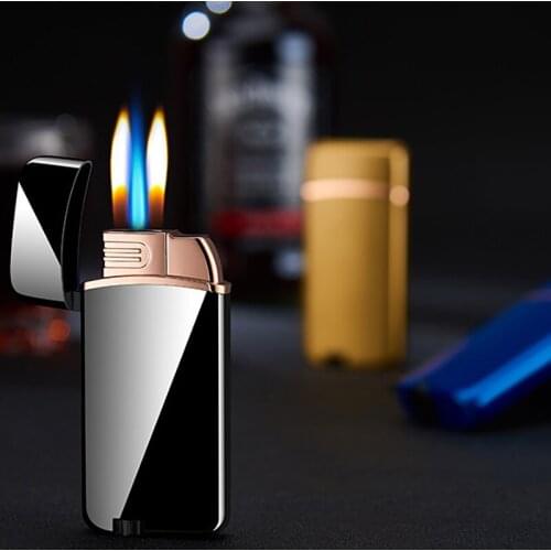 Creative Magic Triple Fire Gas Lighter Blue Flame Inflatable Windproof Double Torch Lighter Cigar Smoking Accessories Mens Gift