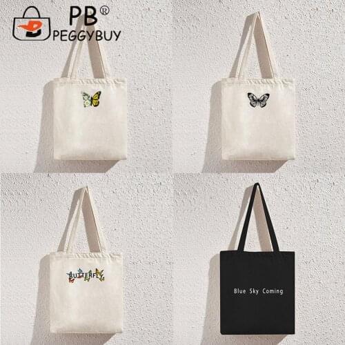 Fashion Women Shoulder Shopping Bag Butterfly Letters Printing Canvas Casual Ladies Large Capacity Tote Handbags