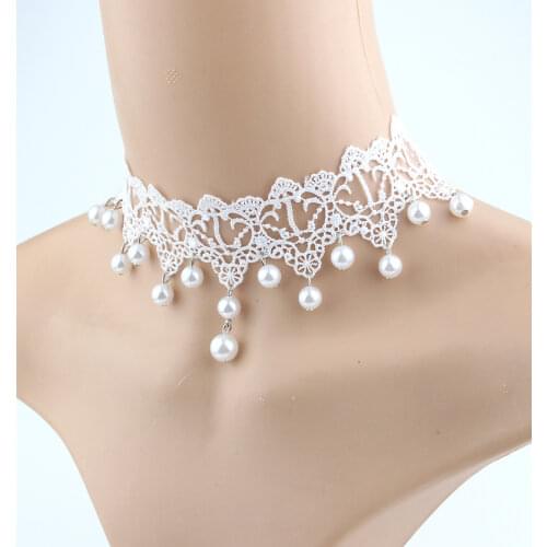 Fashion White Lace Pearl Choker Necklace Wedding Bridesmaid Handmade Adjustable Wide Hollow Elegant Bridal Jewelry Accessories