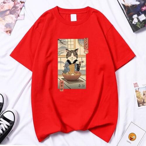 Neko Raman Ukiyo-E Funny Comic Prints Woman T Shirt Hip Hop Gothic T-Shirt Harajuku T-Shirts 2021 Summer Women Short Sleeve Tops