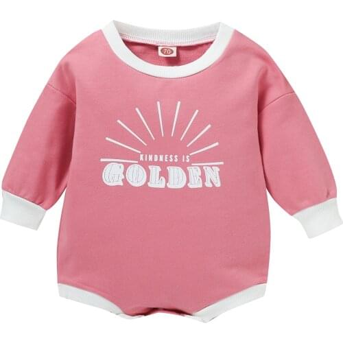 New Babies Casual Romper, Letters Printed Pattern Long Sleeve Round Collar Playsuits, Rosy/ Pink/ Dusty Blue