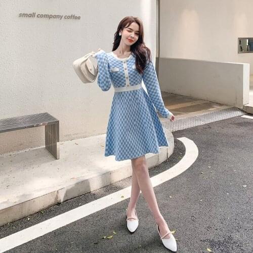 French Style Dress Women 2021 Spring Autumn New Slim A-line Knitted Bottom Sweater Dress Elegant Girs Plaid Casual Vestidos