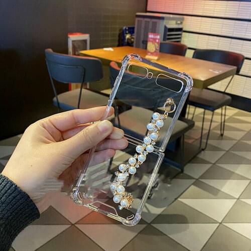 DIY Diamond Pearl Bracelet Chain Clear Case Cover For Samsung Galaxy Z Flip Protective Shockproof Transparent Case For Z Flip 3