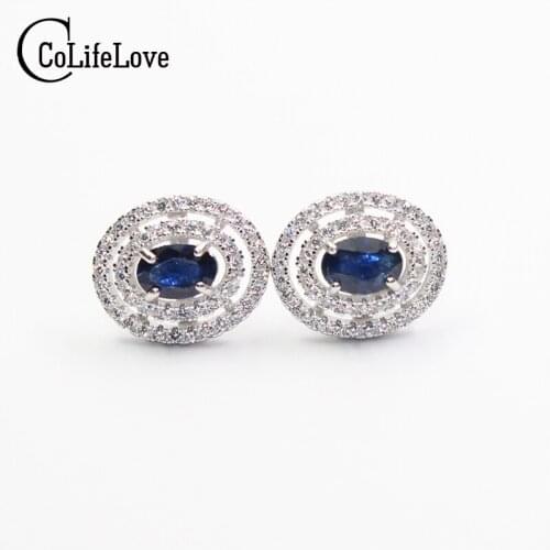 Classic Sterling Silver Sapphire Earrings 100% Natural Blue Sapphire Stud Earrings for Woman Real 925 Sterling Fashion Jewelry
