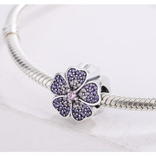 For Pandora 925 Sterling Silver Five Petal Flower Cz Charm Bead Purple Zircon Pendant Charm Bracelet Original Bracelet DIY Gift