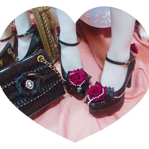 French dark gothic elegant shoes rose heels thick heel 7cm women princess kawaii shoes round head women shoes loli cosplay