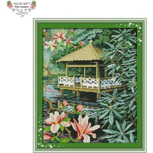 Your Gift F233 14CT 11CT Counted and Stamped Home Decoration Pavilion With Flowers Needlepoint Embroidery DIY Cross Stitch kits