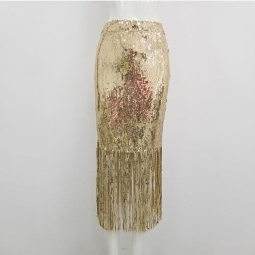 New Arrival High Quality Midi Sequins Pencil Skirt Tassels Spring Shinny Skirt Vintage Vestios