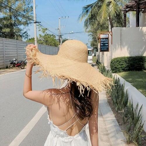 2020 New Handmade Women Beach Straw Sun Hats Large Wide Brim Girl High Quality Natural Raffia Panama Beach Straw Cap For Holiday
