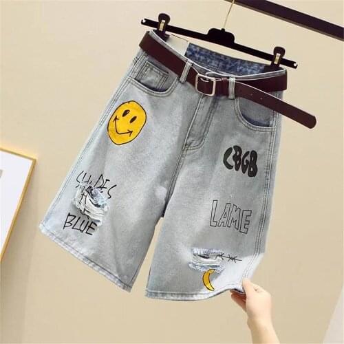 Summer Smile Jeans Shorts Women Harajuku Straight Loose Short Womens Leisure Couple Korean Ulzzang Trendy Street Summer Jeans