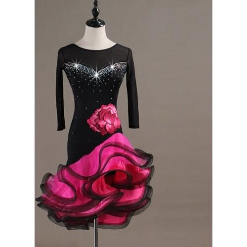 Adult Latin Dance Costumes Gauze Long Sleeve Diamonds Fishbone Dress Women Girls Latin Ballroom Dance Stage Performance Clothes