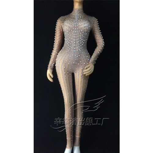 Women New Shiny Rhinestones Pearls Elastic Jumpsuit Female Leotard Party Birthday Show Rompers Nightclub Bar Stage DS Costume