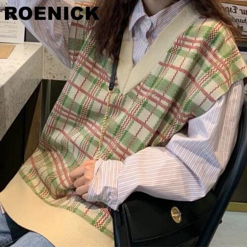 ROENICK Sweaters Vests Women Knitted Plaid V-Neck Sweater Vest Womens Loose BF Korean Preppy Style Sleeveless Jumpers Casual