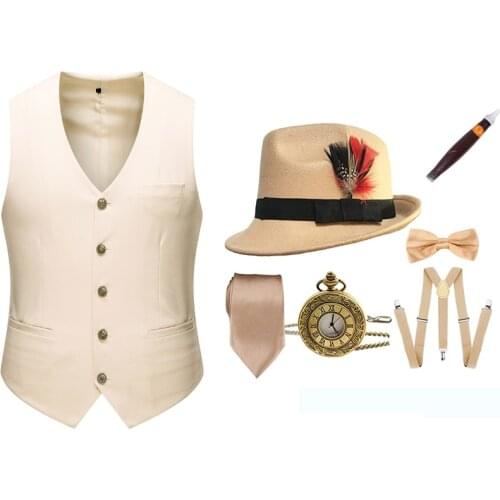 1920s Mens Accessories Set Newsboy Hat, Formal Vest,Gentlemans Pipe，pocket watch tie Cap