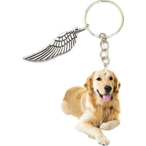 Sit Dog Acrylic Golden Retriever Keyring With Wing Fashion Keychains Mens Car Key Chain Ring Gift for Women Love Animal Miss U