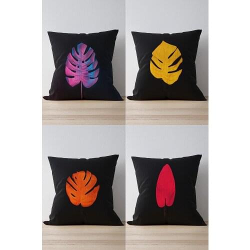 Double Side Printed Monstera Patterned 4'Lü Black Pillow Decorate Case Good Quality Stylish Home Garden Room Kitchen Gift Convenient Decorative Modern