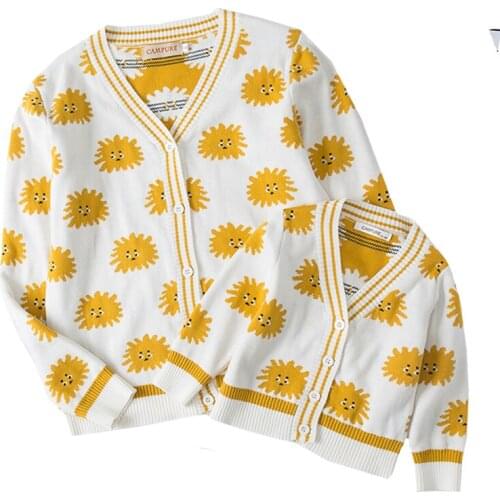 Family Matching Clothes Kids Knit Cardigan Mommy and Me Sweater Cartoon Tops Matching Clothes Mother Daughter Son Warm Jacket