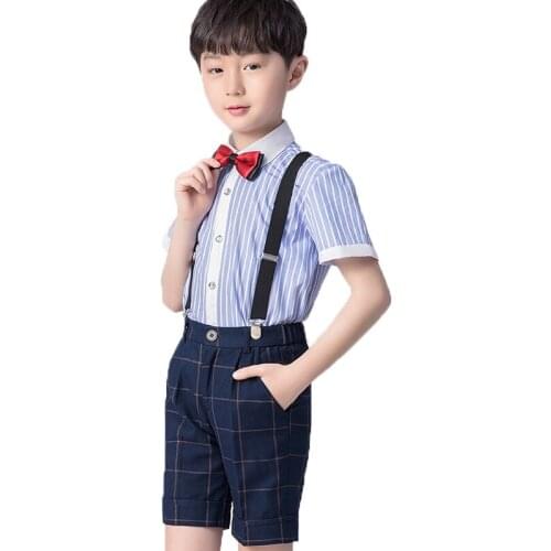 Boys Summer Formal Suit Shirt+Shorts+Bowtie+Strap Children Wedding Party Clothing Set School Kids Performance Tuxedo Costume