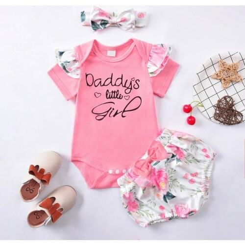Summer Fashion Baby Clothes Set Newborn Infant Baby Girls Short Sleeve Letter Romper Clothing Bodytsuit+Floral Print Shorts Set