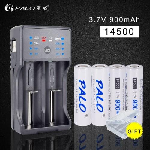 PALO 3.7V 14500 Li-ion lithium Rechargeable Battery 2a batteria 900mAh with Smart Charger for AA AAA 18650 14500 16350 etc