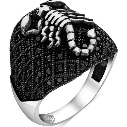 Solid 925 Sterling Silver Black Micro Stone Scorpion Mens Ring