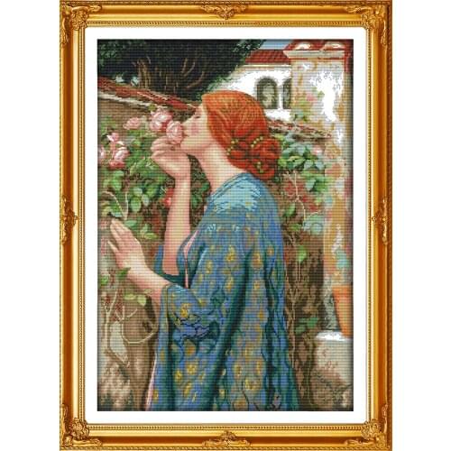 Woman and flowers cross stitch kit lovers 14ct 11ct count pre print canvas stitching embroidery DIY handmade needlework
