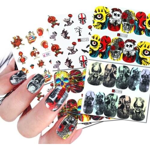 Pumpkin Skull Nail Sticker Halloween Sugar Skull Stickers For Manicure Decoration Designer Nails Slider DIY Foil Gothic Nail Art