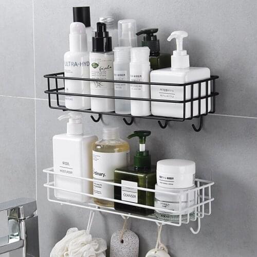 Wall Mounted Punch-free Bathroom Shelve With Hook Wrought Iron Shampoo Cosmetic Towel Storage Rack Kitchen Organizer Accessories