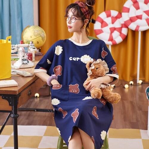 Nightdress Female Summer Long Section Over The Knee Loose Large Size Casual Cartoon Outside Pajamas Maternity Home Service