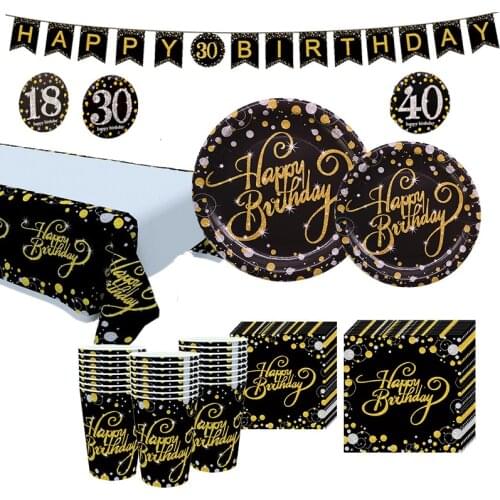 Happy Birthday Disposable tableware Black Gold Birthday Party Decoration Adult 21 30 40 50 Years Party Supplies