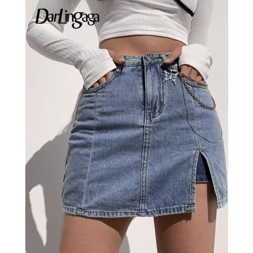Darlingaga Korean Casual Bodycon Straight Denim Skirt Side Split Solid High Waist Skirt Female Summer Mini Skirts With Lined New