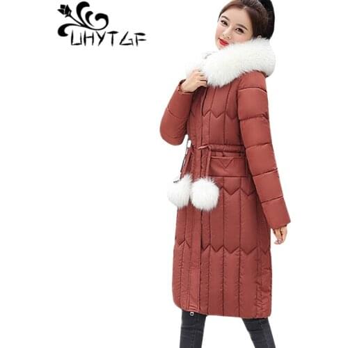 UHYTGF Fur collar down jacket winter parka coat women Hooded Thick Cold protection warm cotton coats Plus size parkas mujer 809