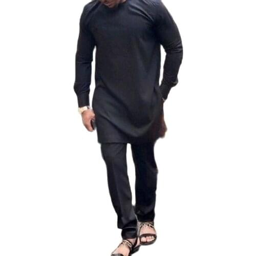 Mens Pant Set Senator Style Long Shits Custom Made Plus Size Solid Black Tops+Trousers For African Party DropShipping