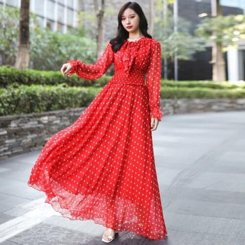 2020 Spring Lady High Quality Bohemia Chiffon Rubber Waist Maxi Dress polka dot Vestidos Holiday Beach Casual Long Easter Dress