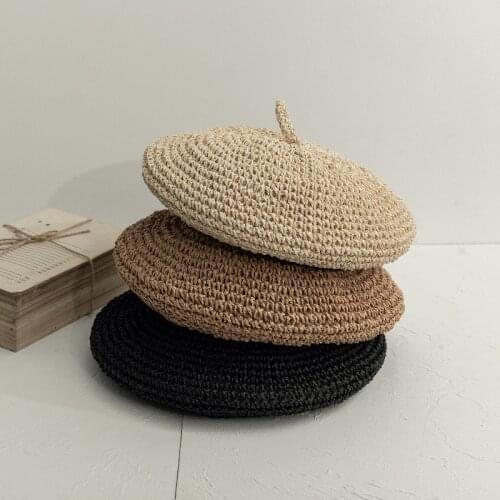2021 New Handmade Women Berets Female Straw Hats For Spring Autumn Girl Flat Cap Knit Black Beret