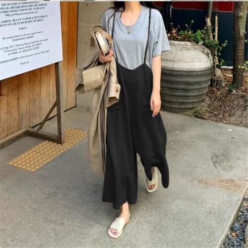 QPFJQD Retro Ladies Japanese Style Linen Jumpsuits 2021 Summer Wide Leg Pockets Women Sleeveless Bodysuits Plus Size Solid Color