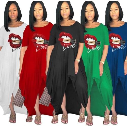 Hot Sale 2021 Women Maxi Dresses Fashion Print Round Neck Casual Lady Short Sleeves Loose Nightclub Party Floor Length Dress