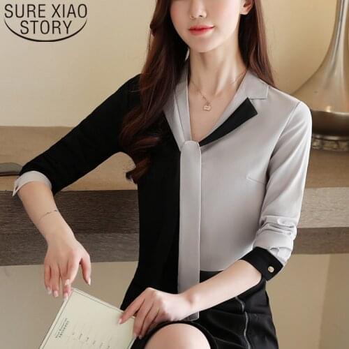 2020 Spring Elegant Women Clothes V-neck spliced Shirt Korean Fashion Clothing Casual Long Sleeve Chiffon Blouse Blusas 8472 50