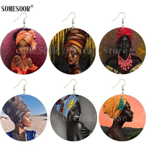 SOMESOOR African Women Headdress Design Both Print Wooden Round Drop Earrings Black Ethnic Design Dangle For Women Gifts